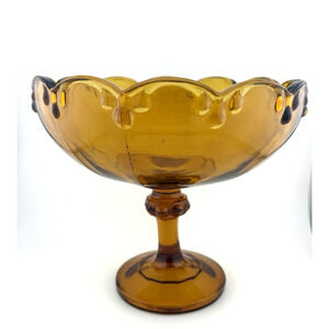 Vintage Indiana Glass Garland Pressed Amber Pedestal Compote Candy Fruit Bowl
